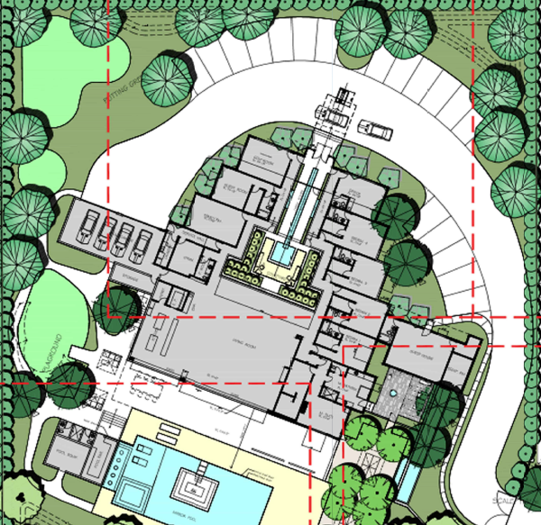 A colored architectural site plan for a Valley Lane residence in La Quinta, showing the house, pool, and landscaped grounds inside surveyed setback lines